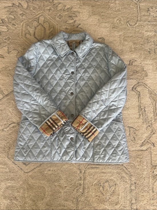 Burberry Jackets & Blazers - Burberry Light Blue Quilted Puffer Jacket with Signature Plaid Cuffs EC
